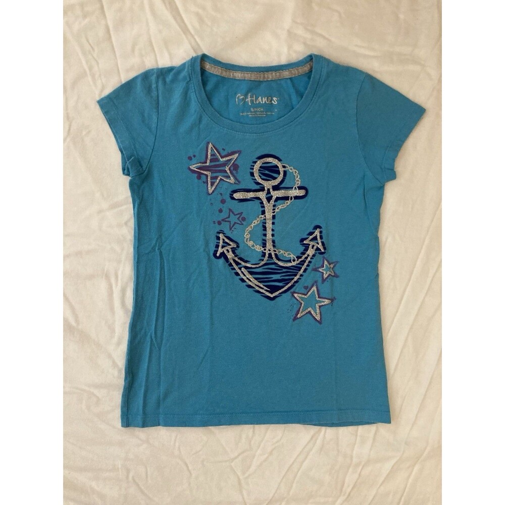 Size S Hanes girls clothes - 1 piece T shirt | solid blue, stars & anchor theme